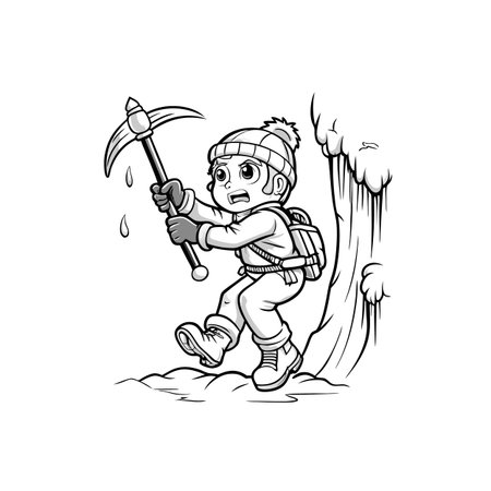 Cartoon mountaineer character escaping danger with ice axeのイラスト素材