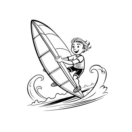 Cartoon boy surfing with windsurfing board in monochromatic styleのイラスト素材