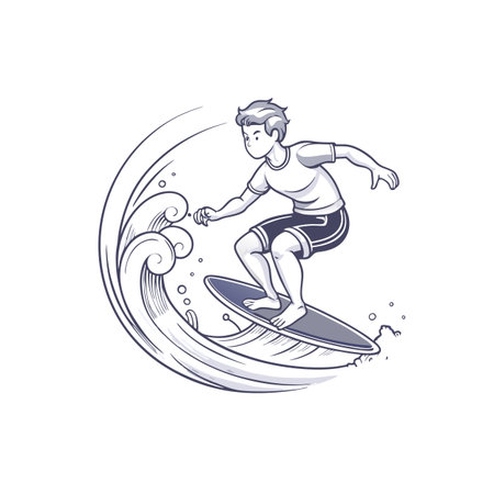 Surfer riding a wave in a clean sketch styleのイラスト素材