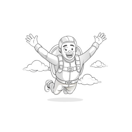 Cartoon skydiver enjoying freefall with outstretched arms and cloudsのイラスト素材