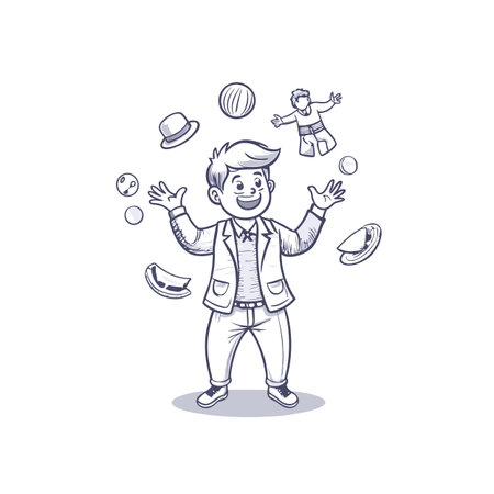 Cartoon man juggles objects in a playful illustrationのイラスト素材