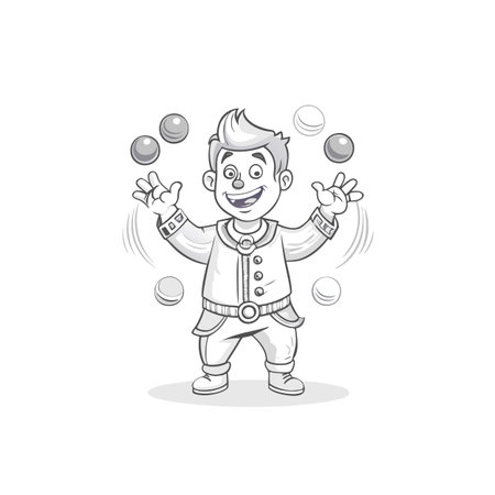Cartoon clown juggling balls in black and white illustrationのイラスト素材