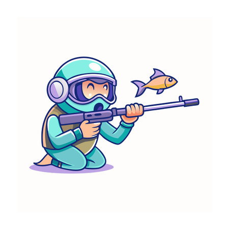 Cartoon astronaut hunting fish with a rifle illustrationのイラスト素材