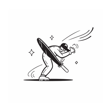 Baseball player swinging bat with motion lines and stars