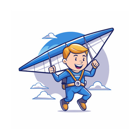 Cheerful cartoon skydiver flying with hang glider illustration vectorのイラスト素材