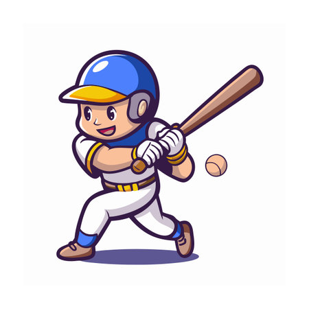Cartoon baseball player swinging bat at ball illustrationのイラスト素材