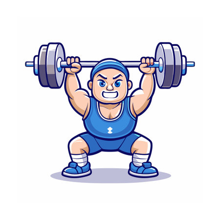 Cartoon weightlifter athlete lifting barbell during squat with aggressionのイラスト素材