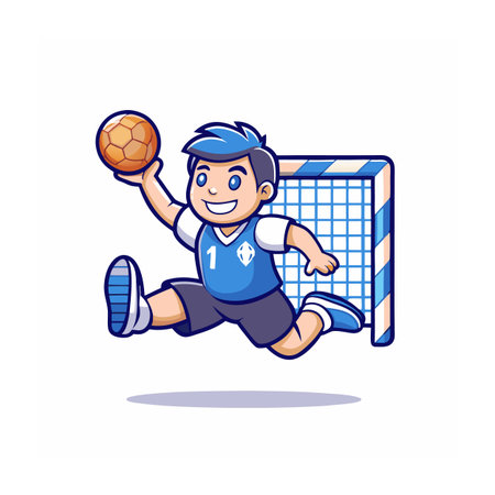 Cartoon handball player in mid-air shooting toward goalのイラスト素材