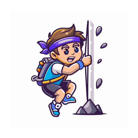 Cartoon boy rock climbing with hiking backpack and determinationのイラスト素材