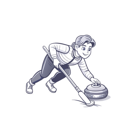 Cartoon woman curling with brush on ice background