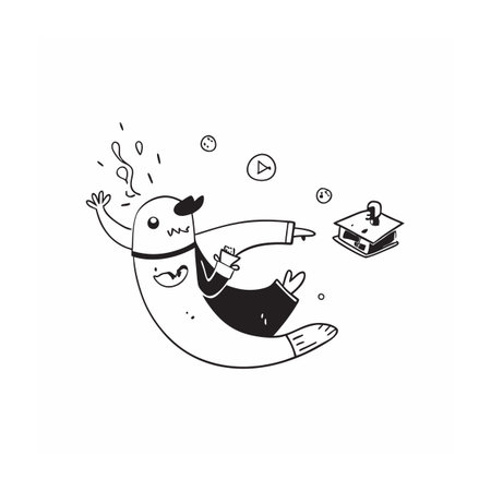 Whimsical Bean Character Interacting with a Musical Automaton Boxのイラスト素材