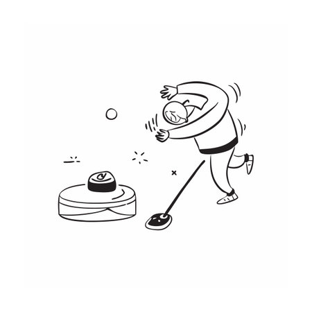 Person reacting to malfunctioning robot vacuum cleaner, funny illustrationのイラスト素材