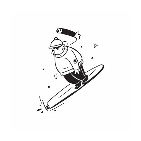 Cartoon snowboarder enjoys winter sports in black and whiteのイラスト素材