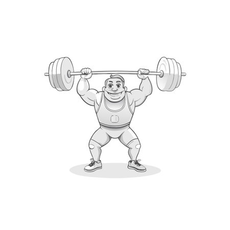 Cartoon weightlifter lifting barbell with determined expression illustration.のイラスト素材