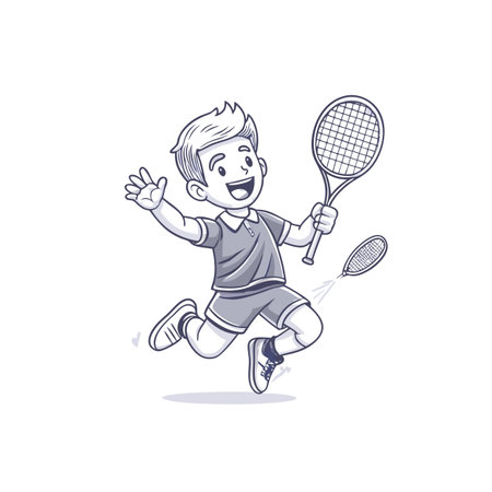 Joyful young tennis player jumping with racket illustrationのイラスト素材