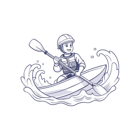 Cartoon person in kayak paddling through wavy watersのイラスト素材