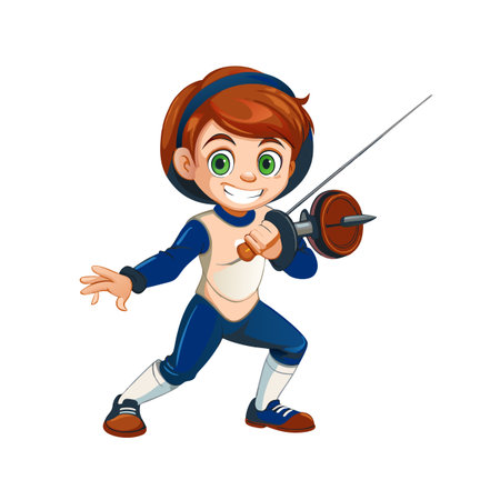 Cartoon fencer with foil in ready stance illustrationのイラスト素材