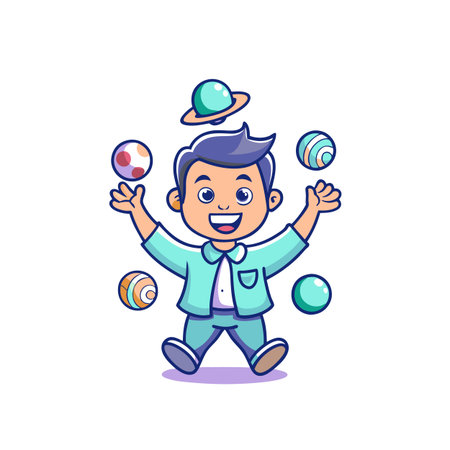 Boy juggling planets in space themed cartoon illustrationのイラスト素材
