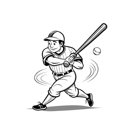 Cartoon baseball player swinging bat at ball, monochrome styleのイラスト素材