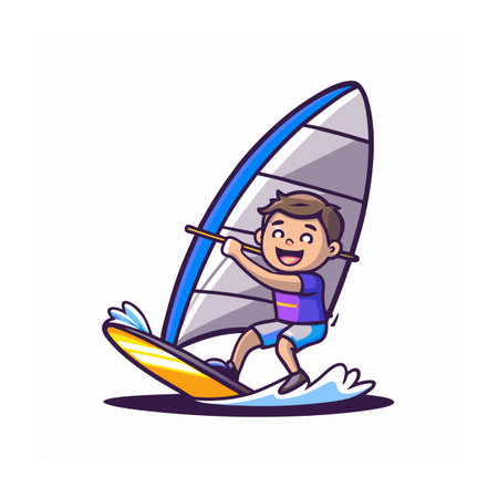 Cartoon Windsurfer Boy Enjoying Water Sport in Summer Dayのイラスト素材