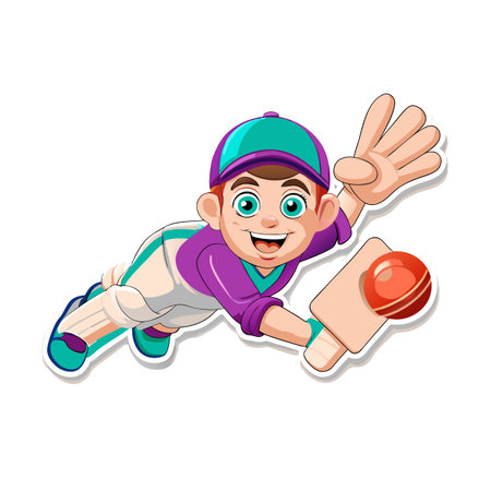 Cartoon boy cricketer diving catch with bat and ballのイラスト素材