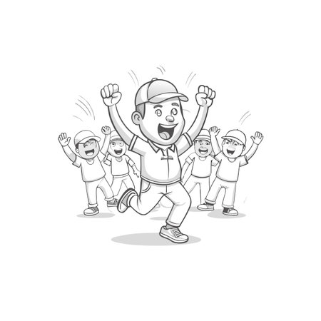 Illustrated boy running with friends cheering grayscale drawingのイラスト素材