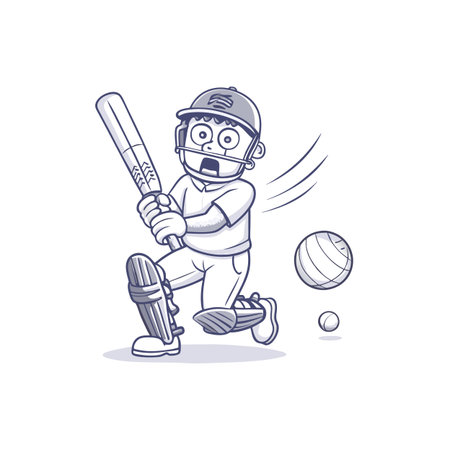 Cartoon cricketer anticipates hitting ball, humorous sports themed drawing