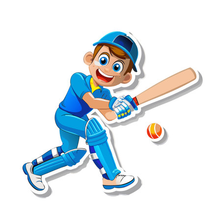 Cartoon cricket player swinging bat with ball in action
