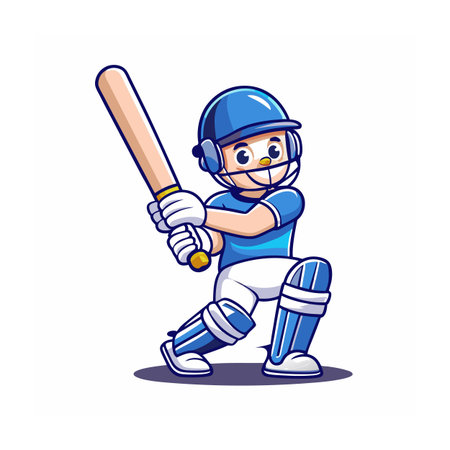 Cartoon cricket player preparing to strike with bat in hand