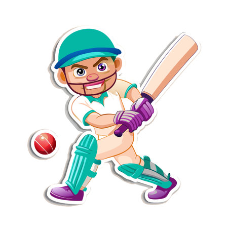 Cartoon cricket player hitting ball with bat in stadium