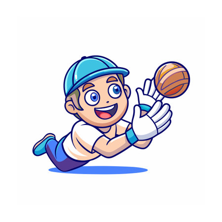 Cartoon goalkeeper diving to catch a brown sports ballのイラスト素材