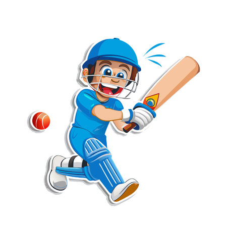 Cartoon cricketer hitting ball with bat in action pose
