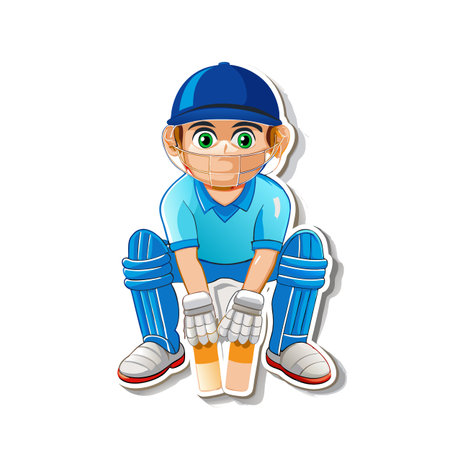Cartoon cricket player sitting wearing protective gear ready to play