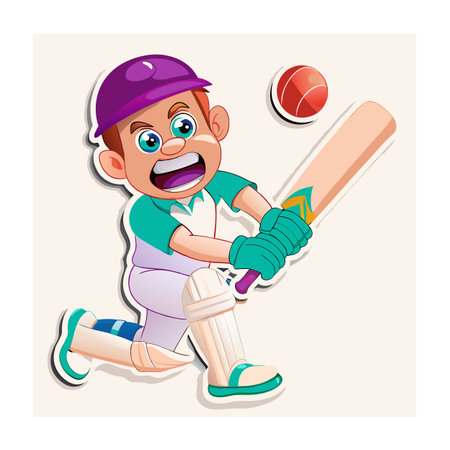 Cartoon cricket player hitting ball with bat illustration