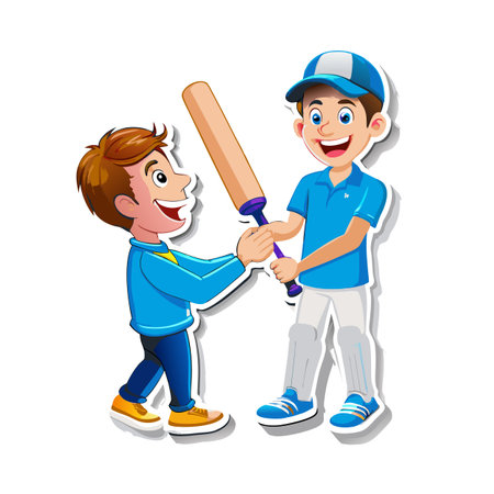 Two cheerful boys sharing a cricket bat cartoon illustration