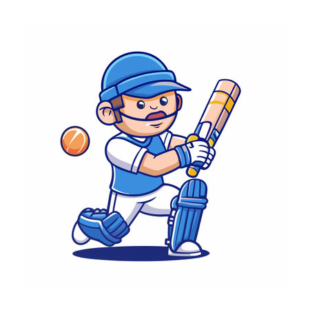 Cartoon cricket player poised to strike a flying ball