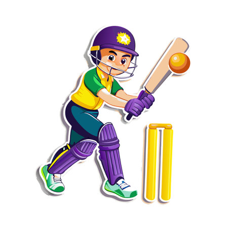 Cartoon batsman hitting ball in cricket game illustration