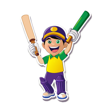 Cartoon cricket player celebrating with bats in the air
