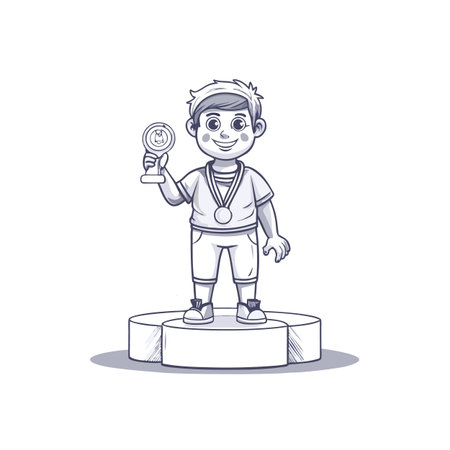 Cartoon boy stands on podium winning a trophy happilyのイラスト素材