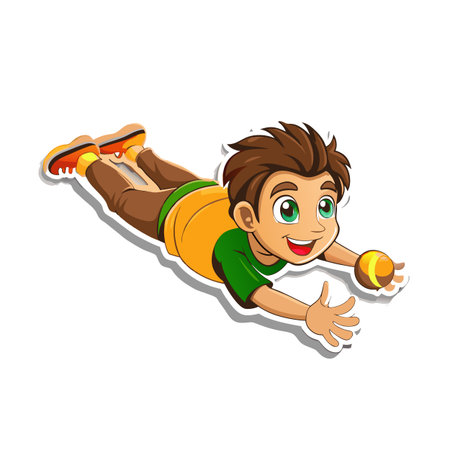 Cartoon boy catching a ball in playful action poseのイラスト素材