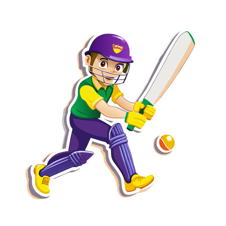 Cartoon cricket player about to hit a cricket ball