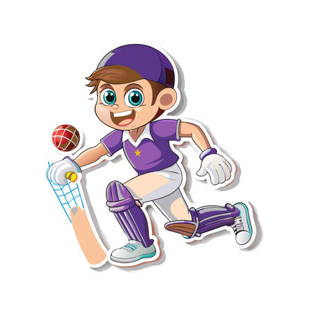 Cartoon cricket player in action pose about to hit
