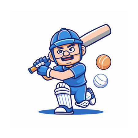 Cartoon cricket player ready to strike floating cricket balls
