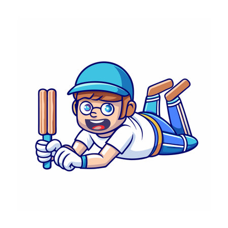 Cartoon cricketer catches the ball wearing a blue uniformのイラスト素材
