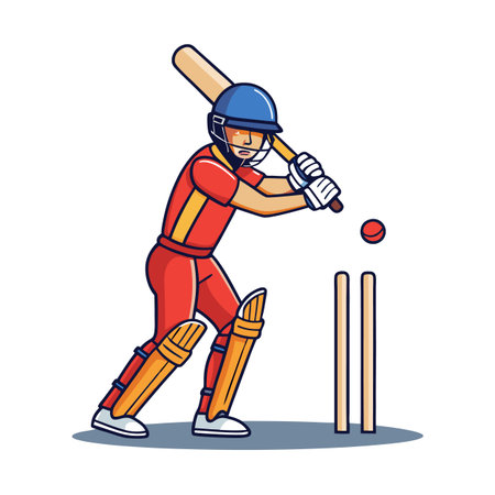 Cartoon style cricket player batting at the wickets