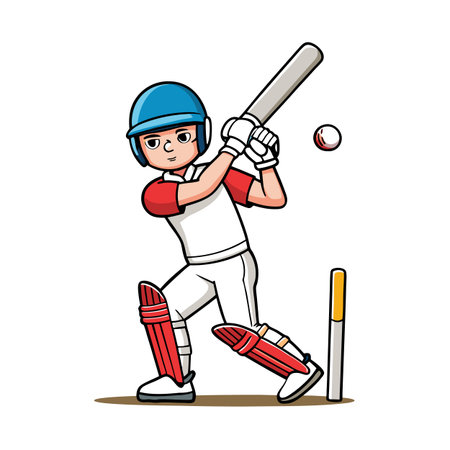 Cartoon cricket player ready to hit incoming ball