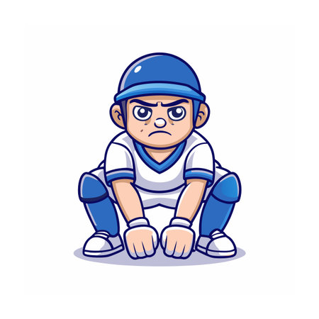 Cartoon baseball catcher squatting on isolated white background illustrationのイラスト素材