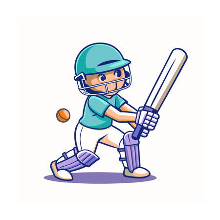 Cartoon cricket player poised to strike ball with bat