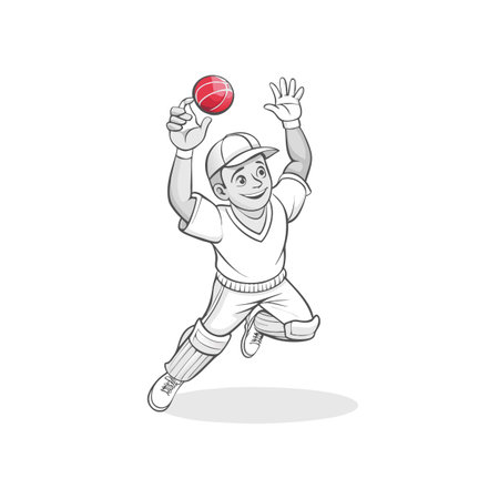 Cartoon cricket player catching the ball with success and joyのイラスト素材