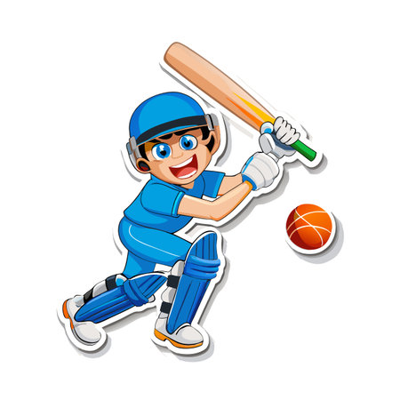 Cartoon boy batting in cricket uniform ready to strike